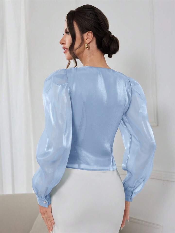 CM-TS584060 Women Elegant Seoul Style Solid Color V-Neck Puff Sleeve Wrap-Around Shirt - Baby Blue