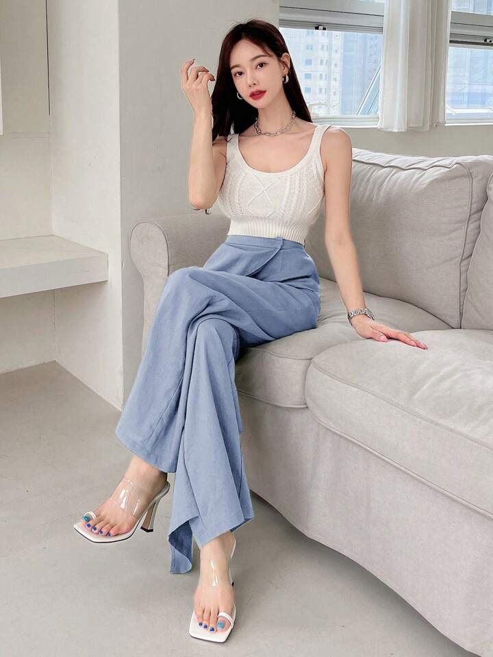 CM-BS035710 Women Casual Seoul Style Asymmetric Loose Fit Wide Leg Pants - Baby Blue