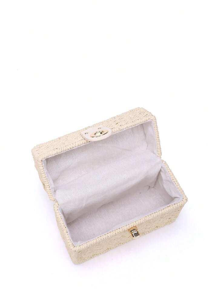 CM-BGS698559 Women Trendy Seoul Style Minimalist Twist Lock Flap Straw Bag - Beige