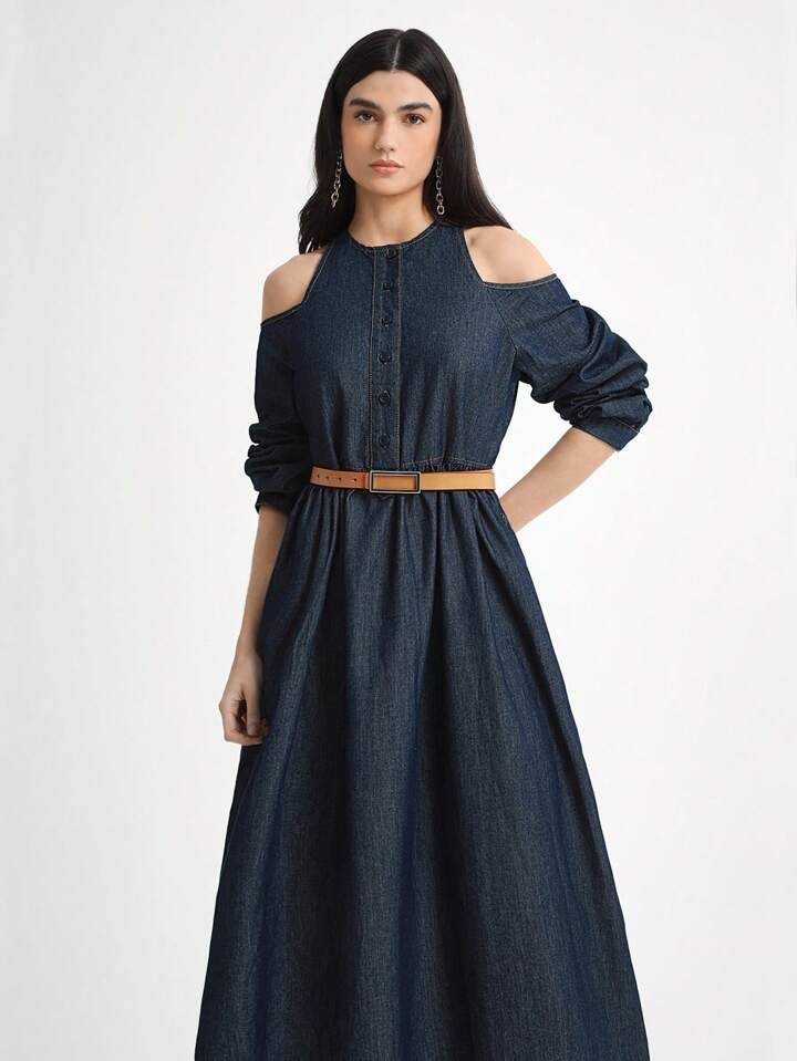 CM-DS377584 Women Casual Seoul Style Dark Wash Round Neck Lantern Sleeve A-Line Denim Dress