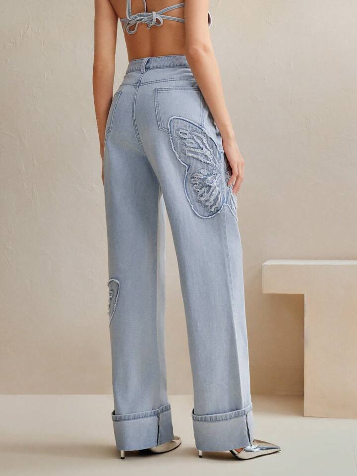 CM-BS777454 Women Casual Seoul Style Butterfly Embroidered Wide-Leg Jeans - Blue