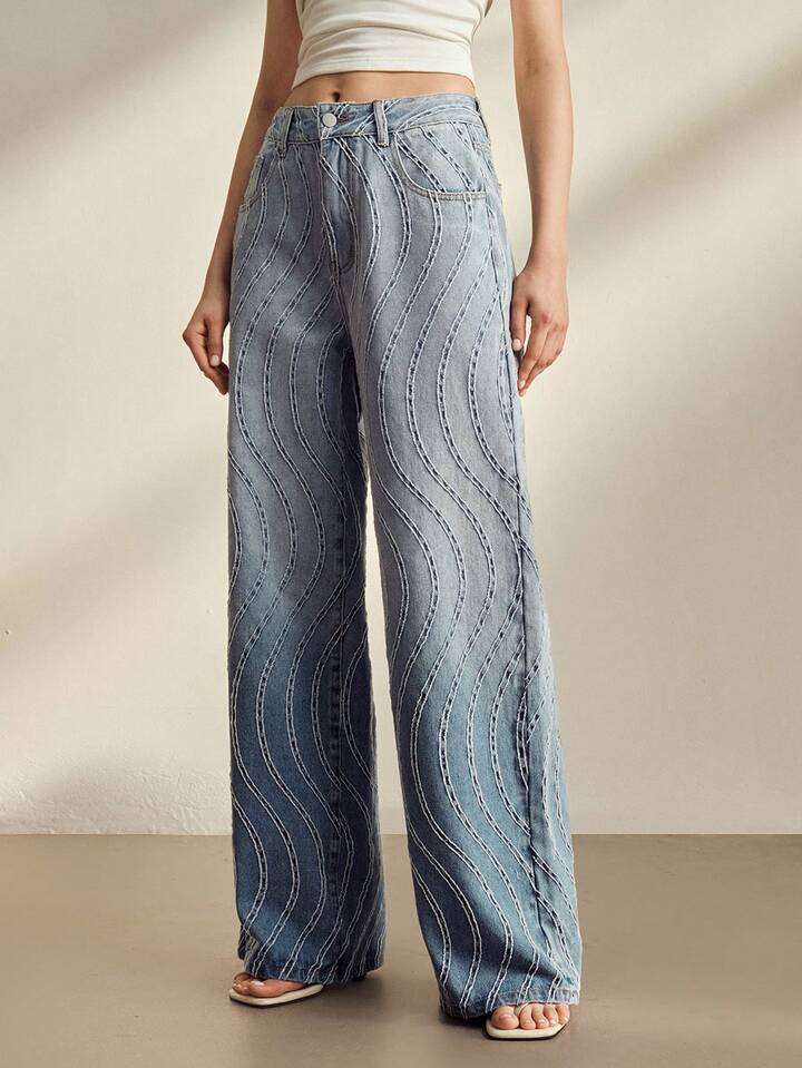 CM-BS195590 Women Casual Seoul Style Mid Waist Jacquard Gradient Straight Leg Jeans - Blue
