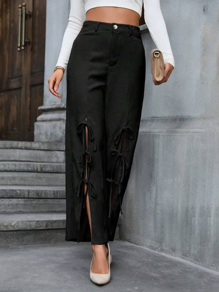 CM-BS641421 Women Casual Seoul Style Bowknot Decoration High Slit Wide Leg Pants - Black