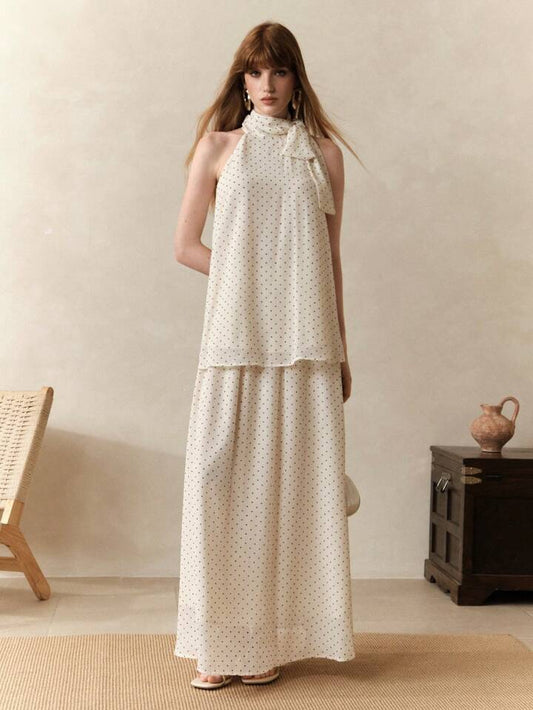 CM-SS977463 Women Trendy Bohemian Style Chiffon Polka Dot Print Sleeveless Halter Neck Top With Skirt - Set