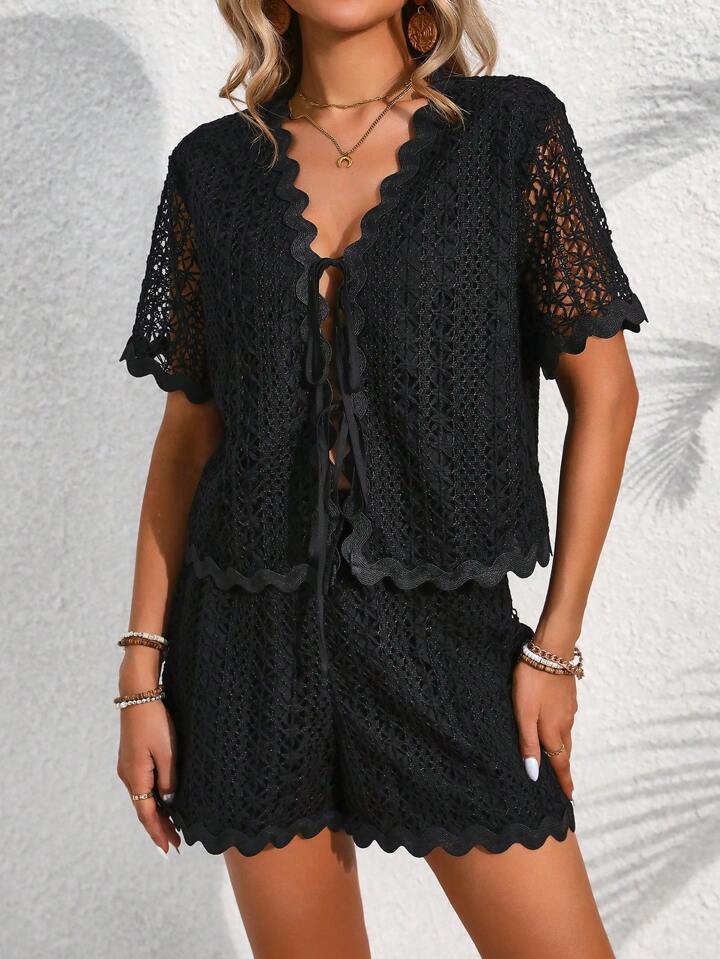 CM-SS484650 Women Trendy Bohemian Style Hollow Out Front Tie Short Sleeve Top With Shorts - Black