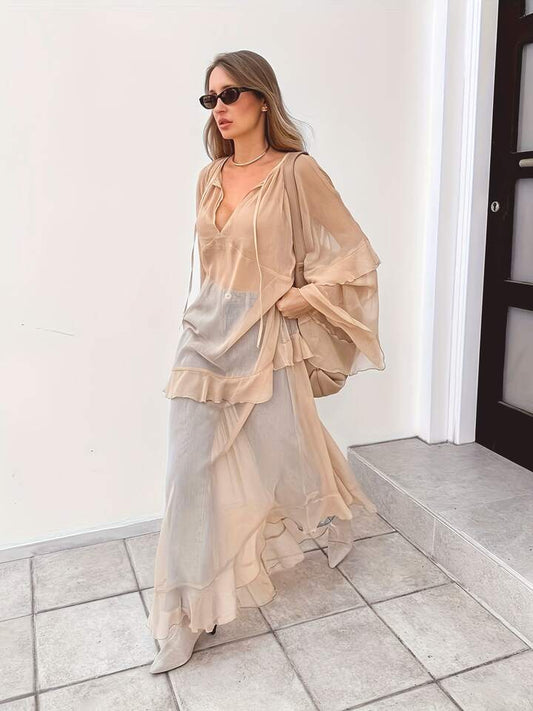 CM-TS335331 Women Casual Seoul Style Deep V-Neck Front Tie Ruffle Trim Solid Color Long Shirt - Khaki