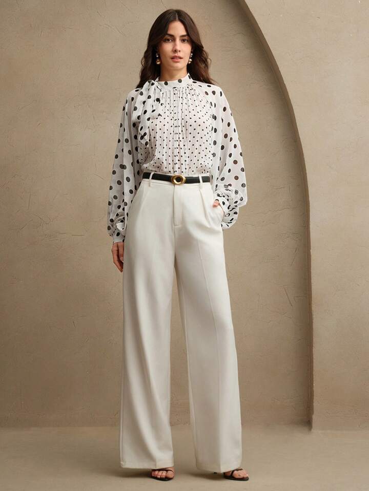 CM-TS733415 Women Elegant Seoul Style Stand Collar Polka Dot Print Pleated Tied Long Sleeve Blouse