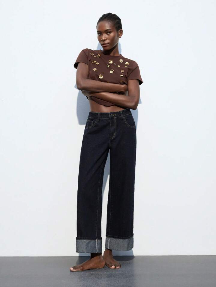 CM-BS881616 Women Casual Seoul Style Dark Wash Straight Leg 7/8 High Waist Loose Fit Denim Pants