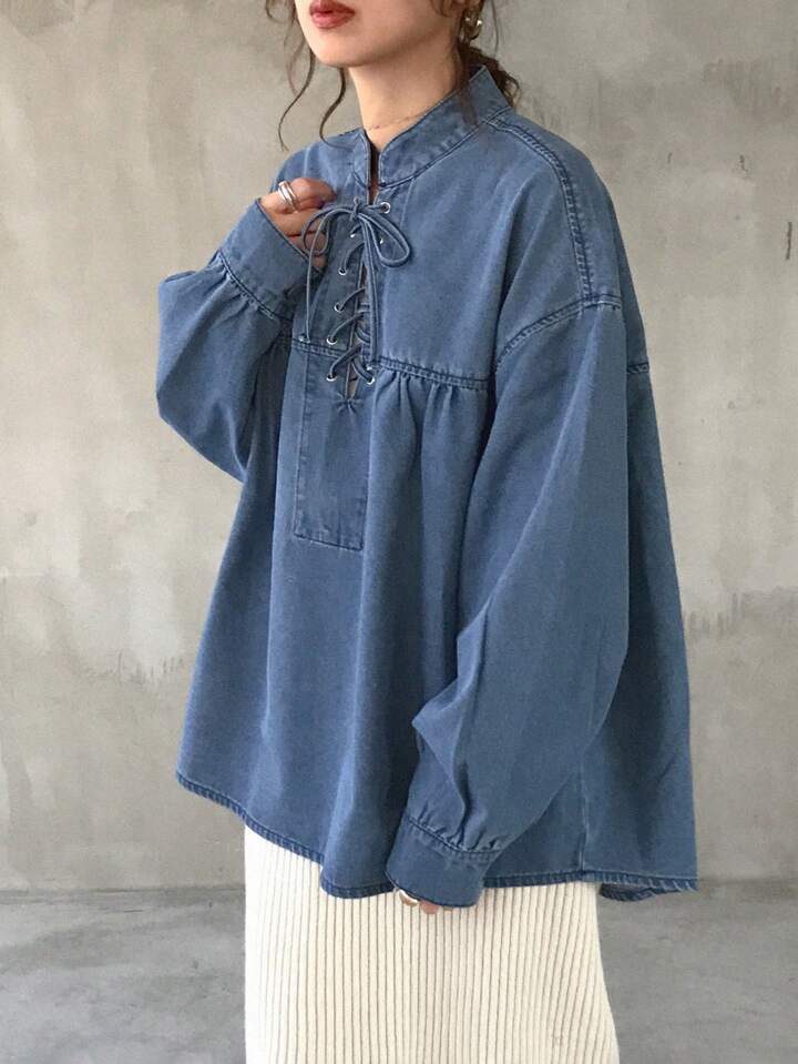 CM-TS359709 Women Casual Seoul Style Loose Stand Collar Tie Front Long Sleeve Denim Blouse - Blue