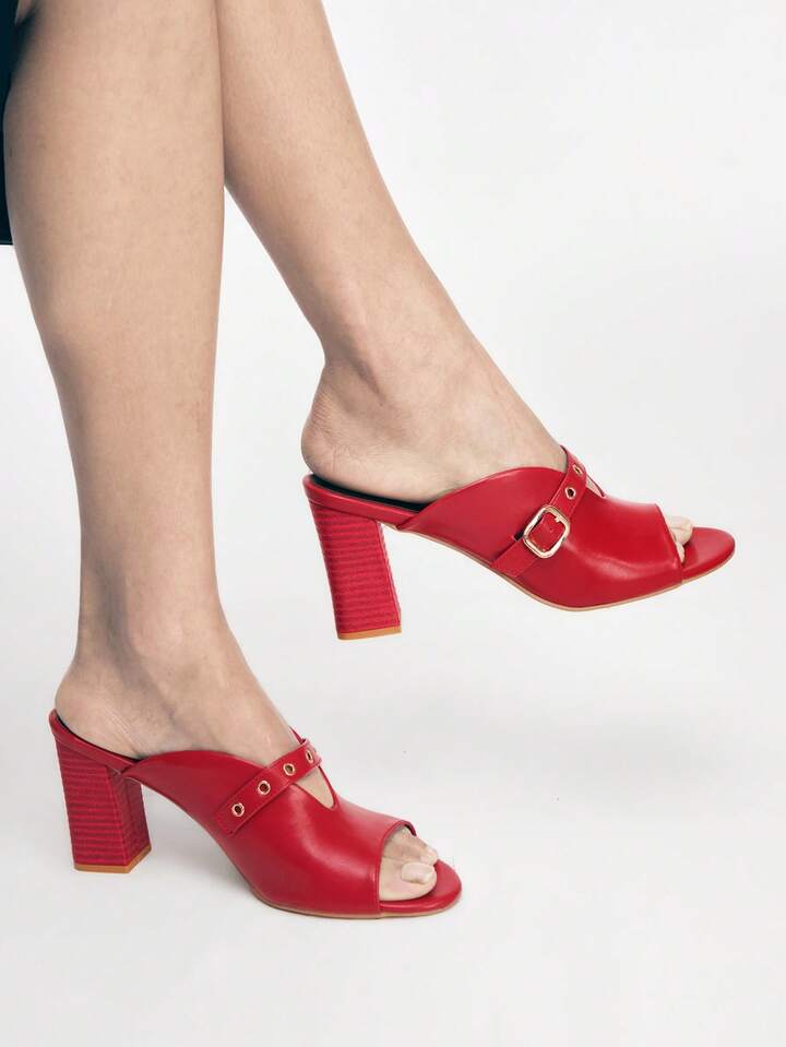 CM-SHS288176 Women Trendy Seoul Style Strap Square Heel High Heel Sandals - Red