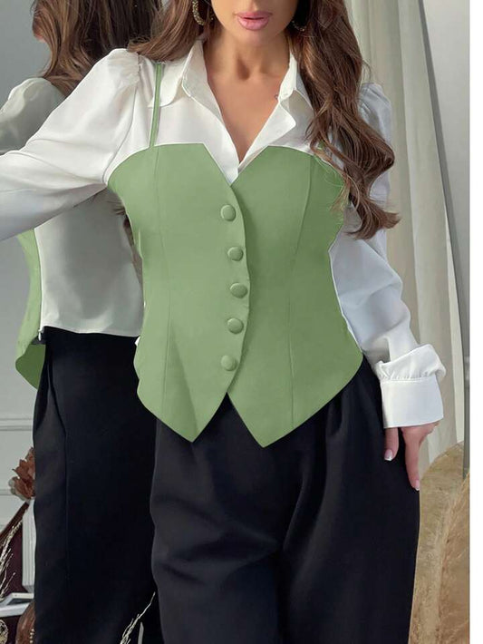 CM-TS731146 Women Elegant Seoul Style 2-In-1 Color Block Long Sleeve Shirt - Mint Green