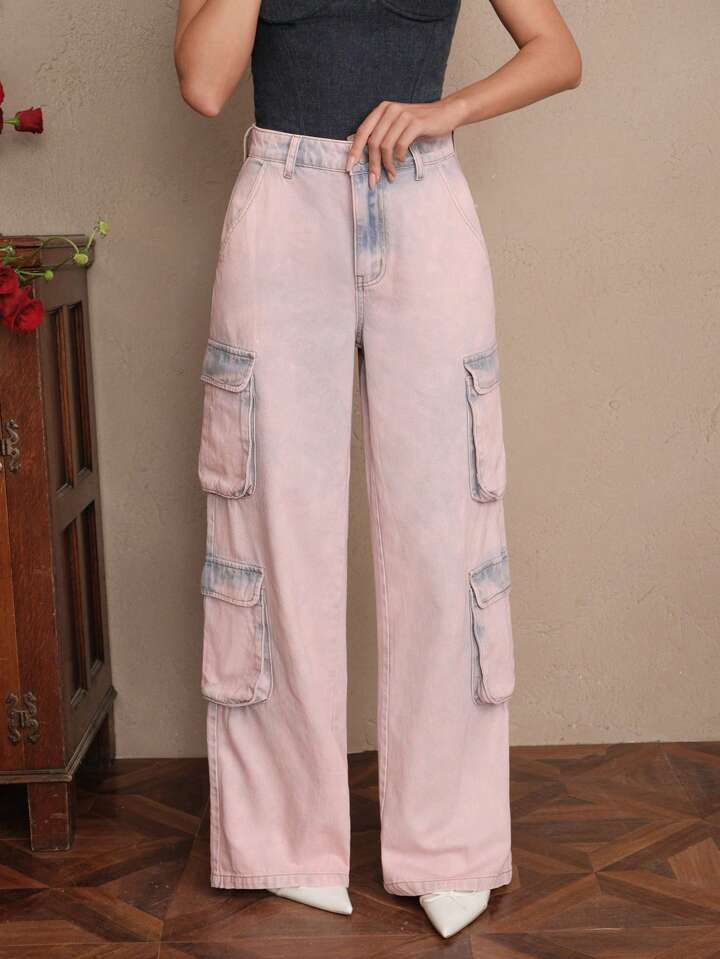 CM-BS445459 Women Casual Seoul Style Mid Waist Tie Dye Straight-Leg Cargo Jeans - Pink