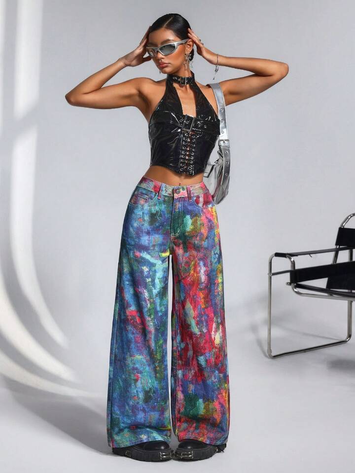 CM-BS865959 Women Casual Seoul Style Mid Waist Tie-Dye Print Extra Long Wide-Leg Jeans