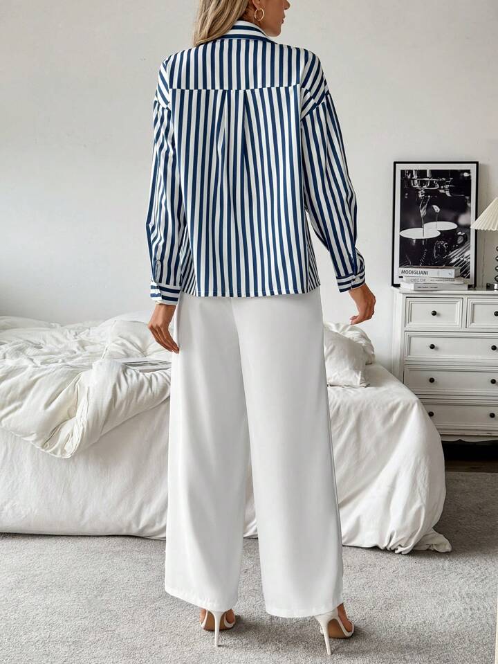 CM-SS215066 Women Casual Seoul Style Striped Collar Neckline Long Sleeve Shirt With Straight-Leg Pants - Set