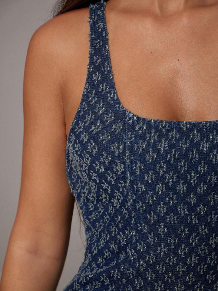 CM-DS096940 Women Elegant Seoul Style Medium Wash Square Neck Sleeveless Jacquard Denim Dress
