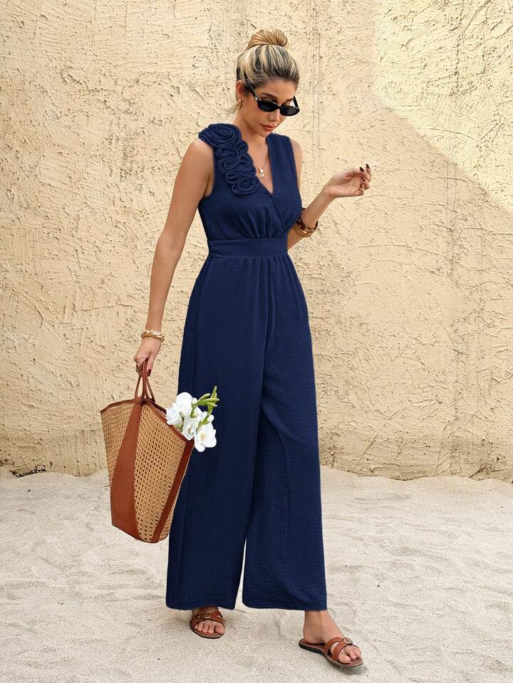 CM-JS643993 Women Trendy Bohemian Style Linen 3D Floral Decor V-Neck Sleeveless Wide Leg Jumpsuit - Navy Blue