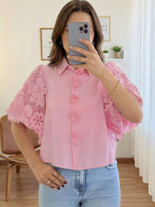CM-TS733349 Women Elegant Seoul Style Collar Neckline Puff Sleeve Embroidered Floral Hollow-Out Shirt - Pink