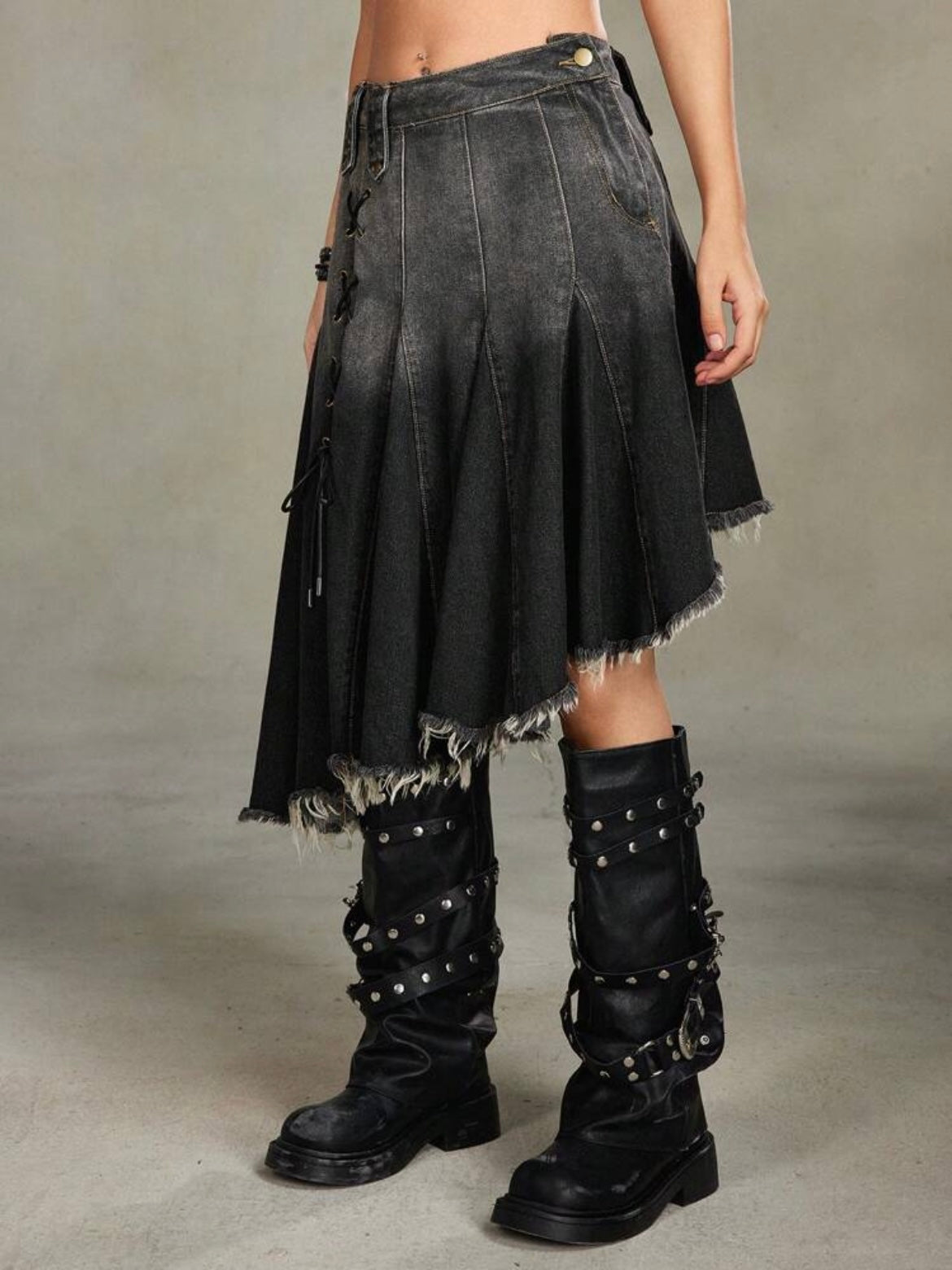 CM-BS935301 Women Casual Seoul Style Asymmetrical Hem Frayed A-Line Denim High Waist Skirt
