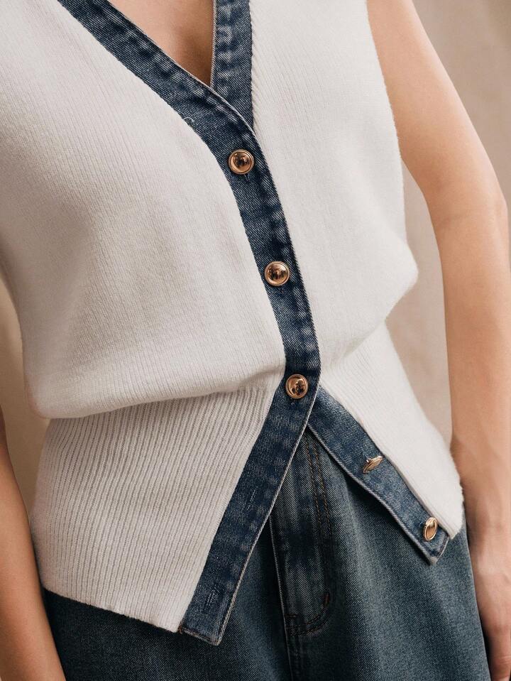 CM-TS751752 Women Casual Seoul Style Knitted Denim Patchwork Polo Collar Sweater Top - White