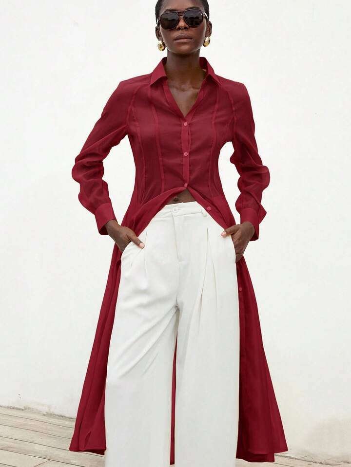 CM-TS883153 Women Casual Seoul Style Translucent Textured V-Neck Long Sleeve Gathered Waist Shirtdress - Red