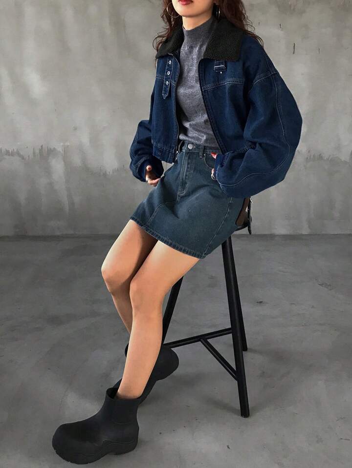 CM-CS538908 Women Casual Seoul Style Long Sleeve Loose Hem Crop Denim Jacket With Furry Collar - Blue