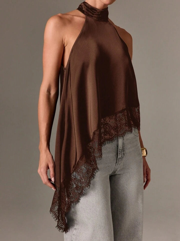 CM-TS415110 Women Elegant Seoul Style Asymmetrical High Neck Halter Top Lace Sleeveless Blouse - Coffee Brown