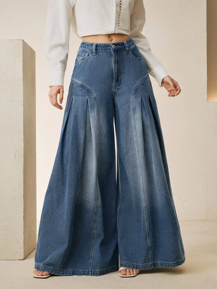 CM-BS575502 Women Casual Seoul Style High-Waisted Crease Split Lines Wide-Leg Jeans - Blue