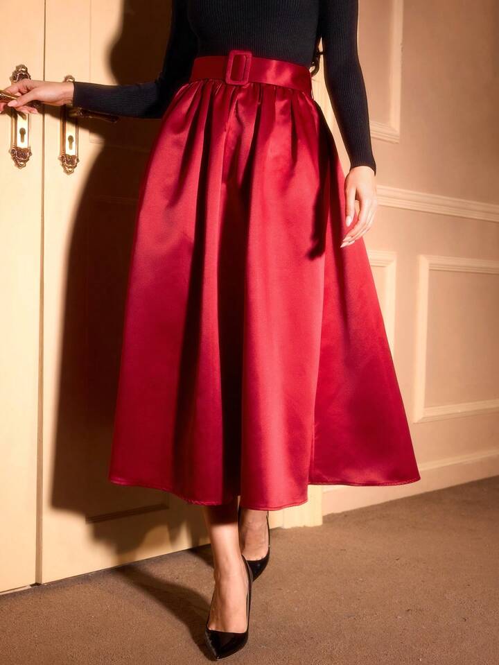 CM-BS522726 Women Elegant Seoul Style Ultra High Waist Satin Flared Hem A-Line Skirt - Red