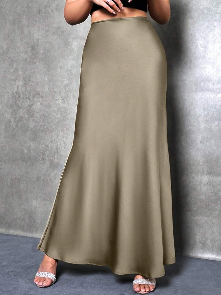 CM-BS622597 Women Casual Seoul Style Solid Asymmetrical Mermaid Hem Skirt - Khaki