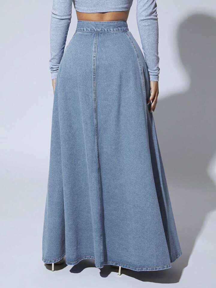 CM-BS877697 Women Casual Seoul Style Light Wash High Waist Button Front Extra Long Denim Skirt