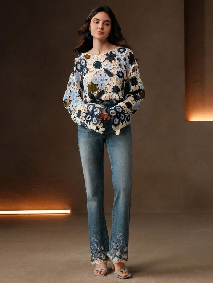 CM-CS203085 Women Trendy Bohemian Style Floral Hollow Out Knitted Long Sleeve Pullover Cover Up