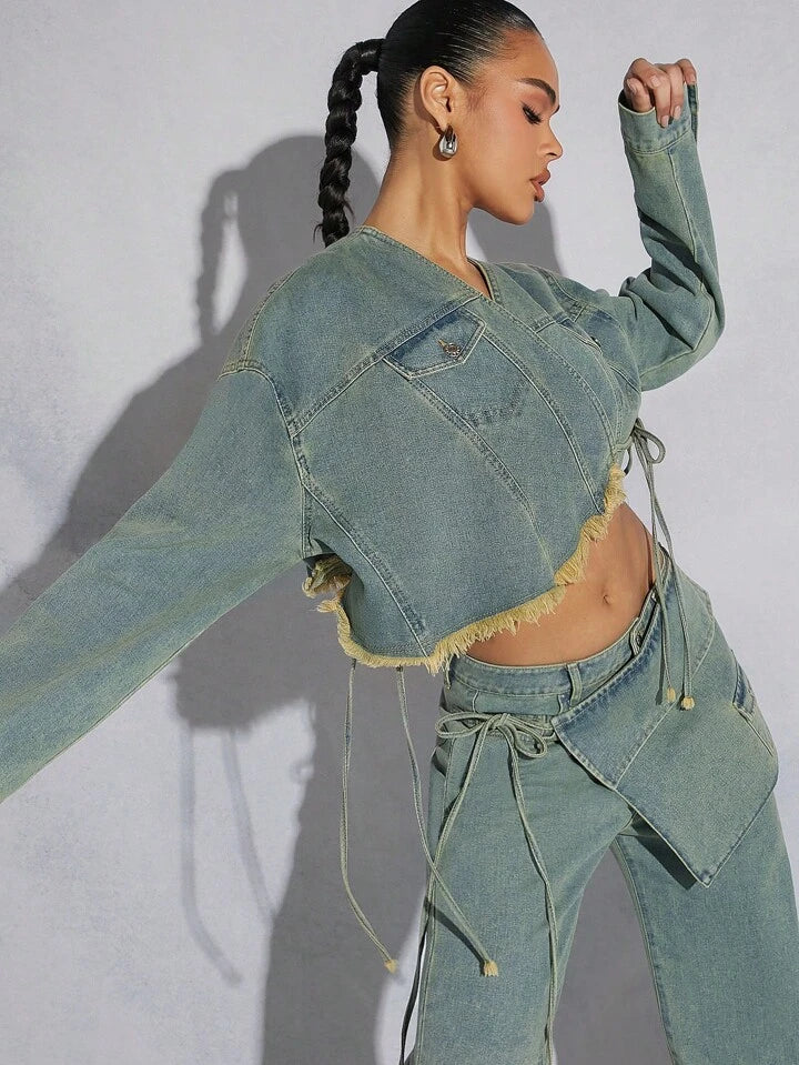 CM-CS074553 Women Casual Seoul Style Light Wash Asymmetrical Hem Frayed Denim Top