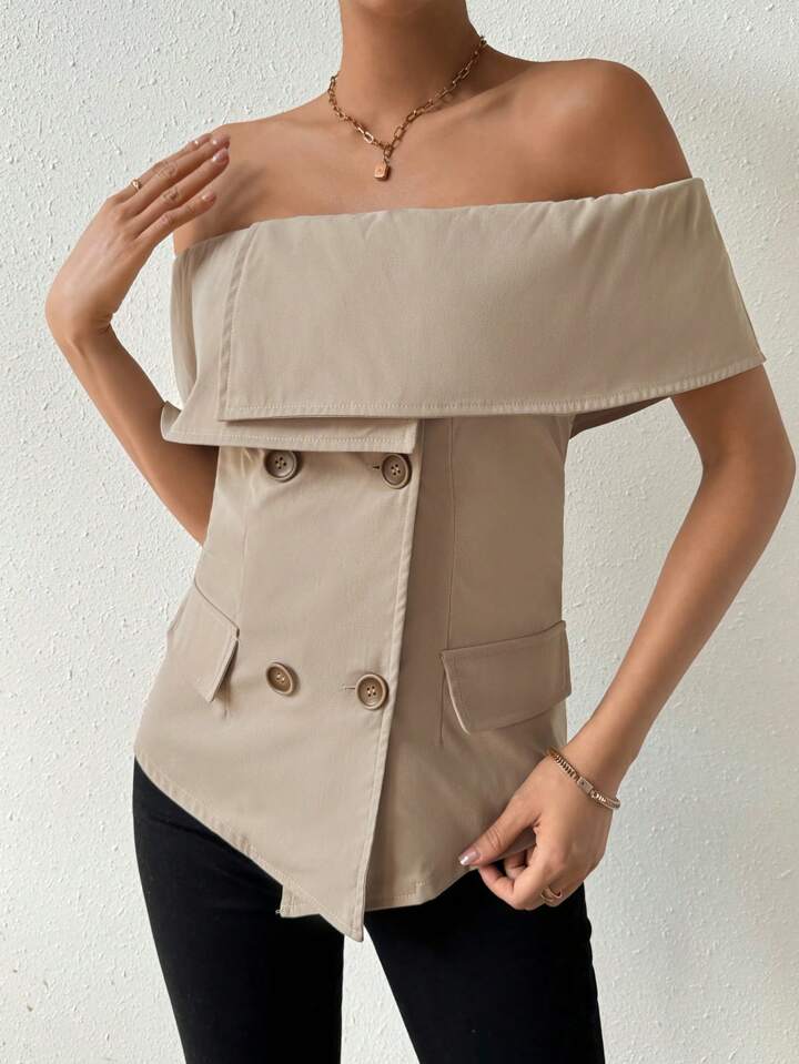 CM-TS245285 Women Casual Seoul Style Off-Shoulder Bandeau Neckline Slim Fit Shirt