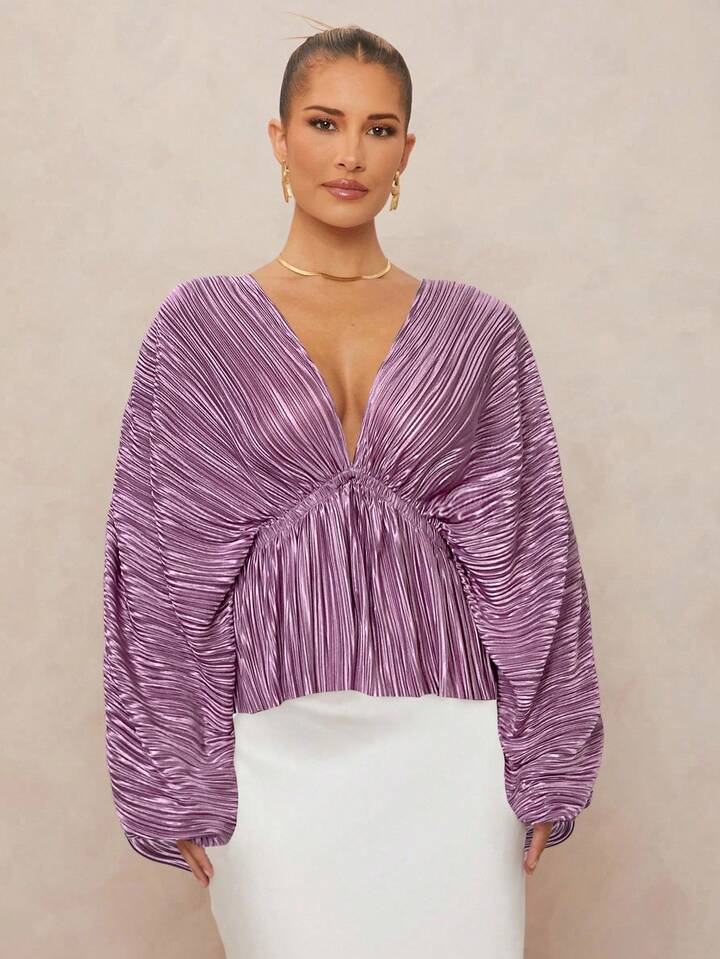 CM-TS286983 Women Elegant Seoul Style Deep V-Neck Long Sleeve Loose Fit Ruffled Hem  Oversized Blouse - Dusty Pink