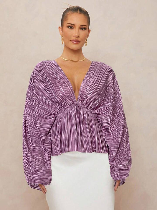 CM-TS286983 Women Elegant Seoul Style Deep V-Neck Long Sleeve Loose Fit Ruffled Hem  Oversized Blouse - Dusty Pink