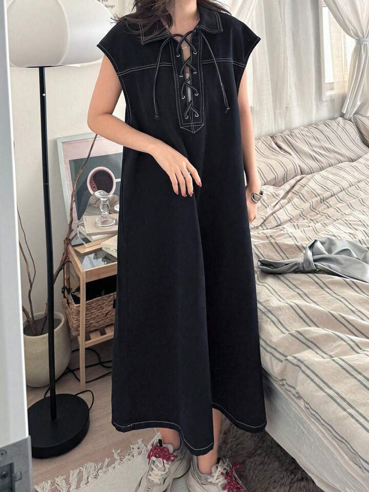 CM-DS455128 Women Casual Seoul Style Collar Neckline Batwing Sleeve Denim Dress - Black