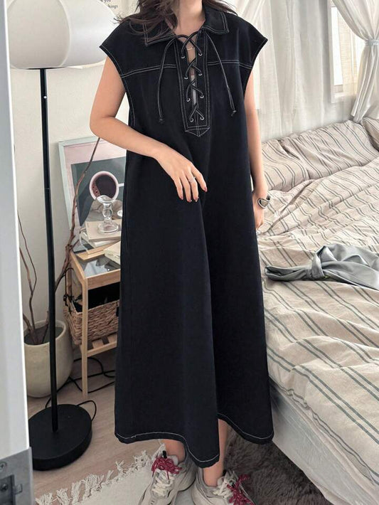 CM-DS455128 Women Casual Seoul Style Collar Neckline Batwing Sleeve Denim Dress - Black