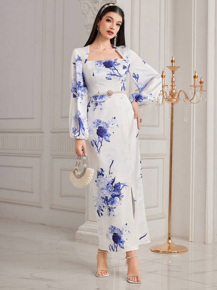 CM-DS919193 Women Elegant Seoul Style Square Neck Floral Print Lantern Sleeve Dress