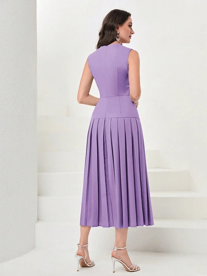CM-DS783191 Women Elegant Seoul Style Sleeveless Solid Pleated Hem Dress - Purple