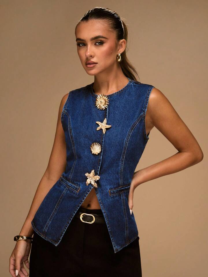 CM-TS035848 Women Casual Seoul Style Light Wash Round Neck Sleeveless Metal Special-Shaped Button Decorated Denim Vest