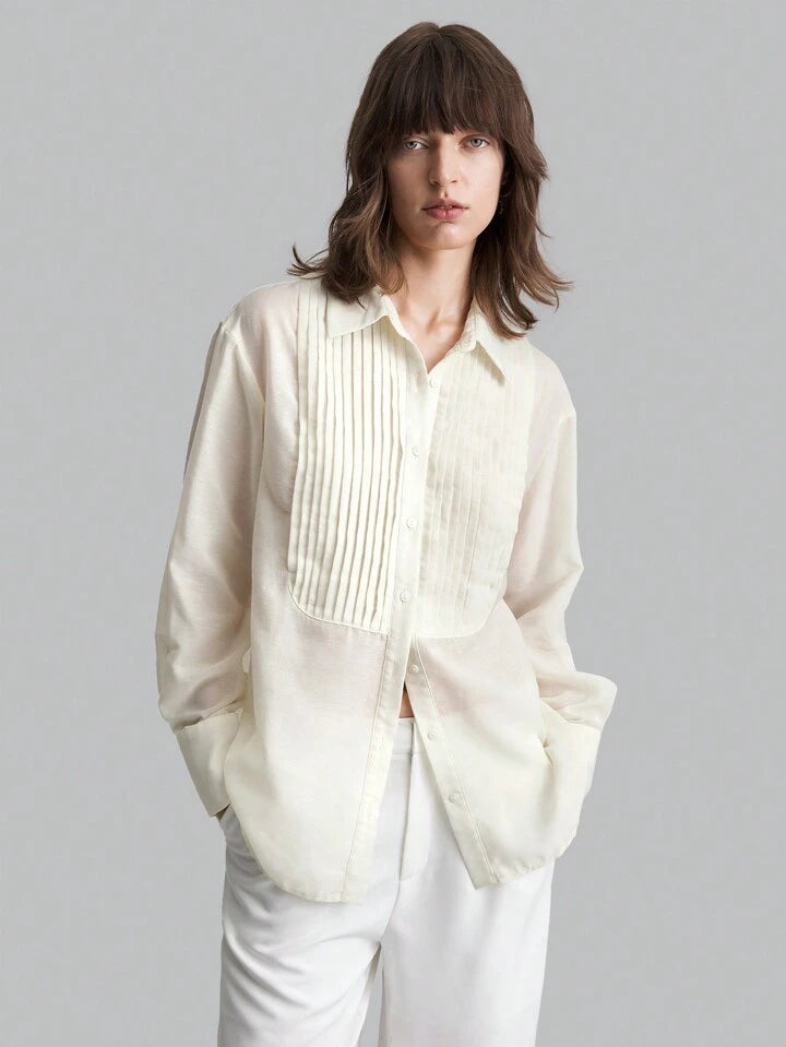 CM-TS444216 Women Casual Seoul Style Solid Pleated Detail Long Sleeve Blouse - White