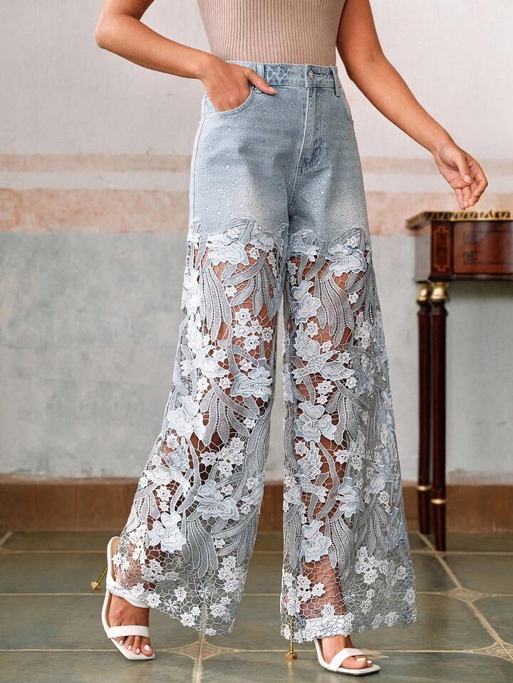 CM-BS170119 Women Elegant Seoul Style Mid Waist Lace Rhinestone Straight Leg Pants - Blue
