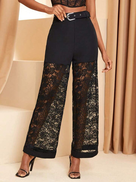 CM-BS915128 Women Elegant Seoul Style Lace Contrast Belted High Waist Straight-Leg Pants - Black