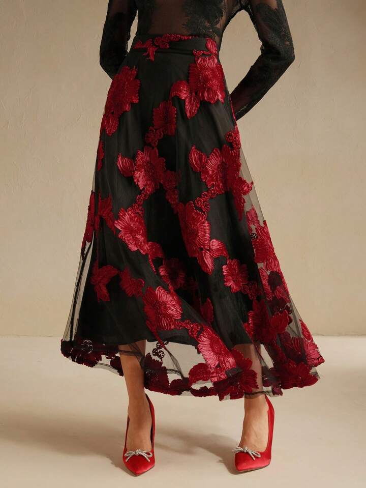 CM-BS333321 Women Elegant Seoul Style Floral Embroidery Mesh High Waist A-Line Skirt