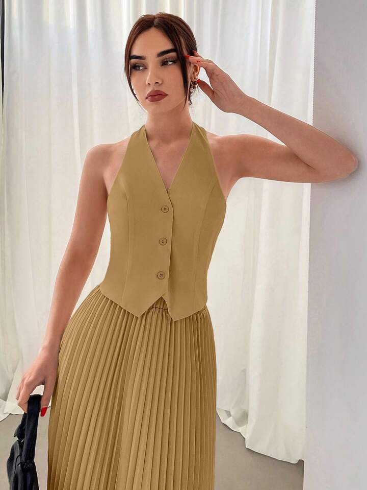 CM-SS042253 Women Elegant SeouL Style Single Breasted Halter Vest With Pleated Midi Skirt - Yellow