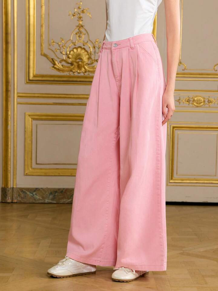 CM-BS828884 Women Elegant Seoul Style Relaxed Fit Wide Leg Distressed Pocket Denim Jeans - Pink