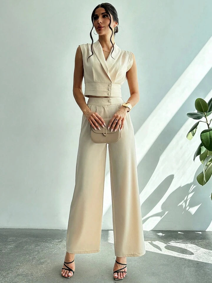 CM-SS196426 Women Elegant Seoul Style Collared Fitted Cap Sleeve Shirt With Straight-Leg Pants Suit - Apricot