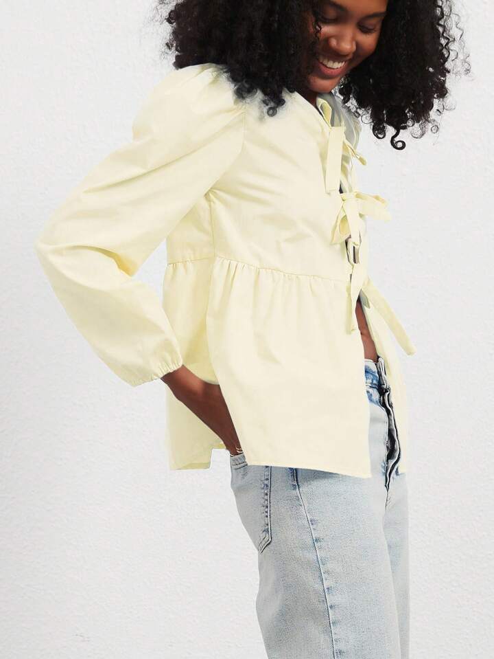 CM-TS481897 Women Casual Seoul Style Print Ruffle Hem Tie Long Sleeve Shirt - Yellow