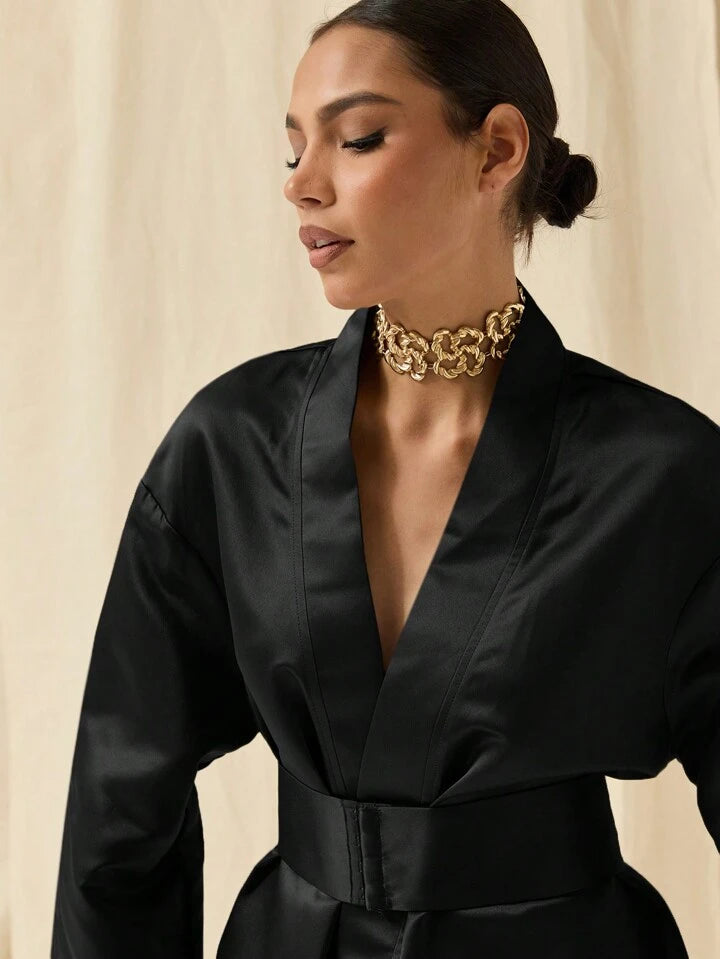 CM-DS774542 Women Elegant Seoul Style Solid Color Deep V-Neck Bell Sleeve Mini Dress - Black