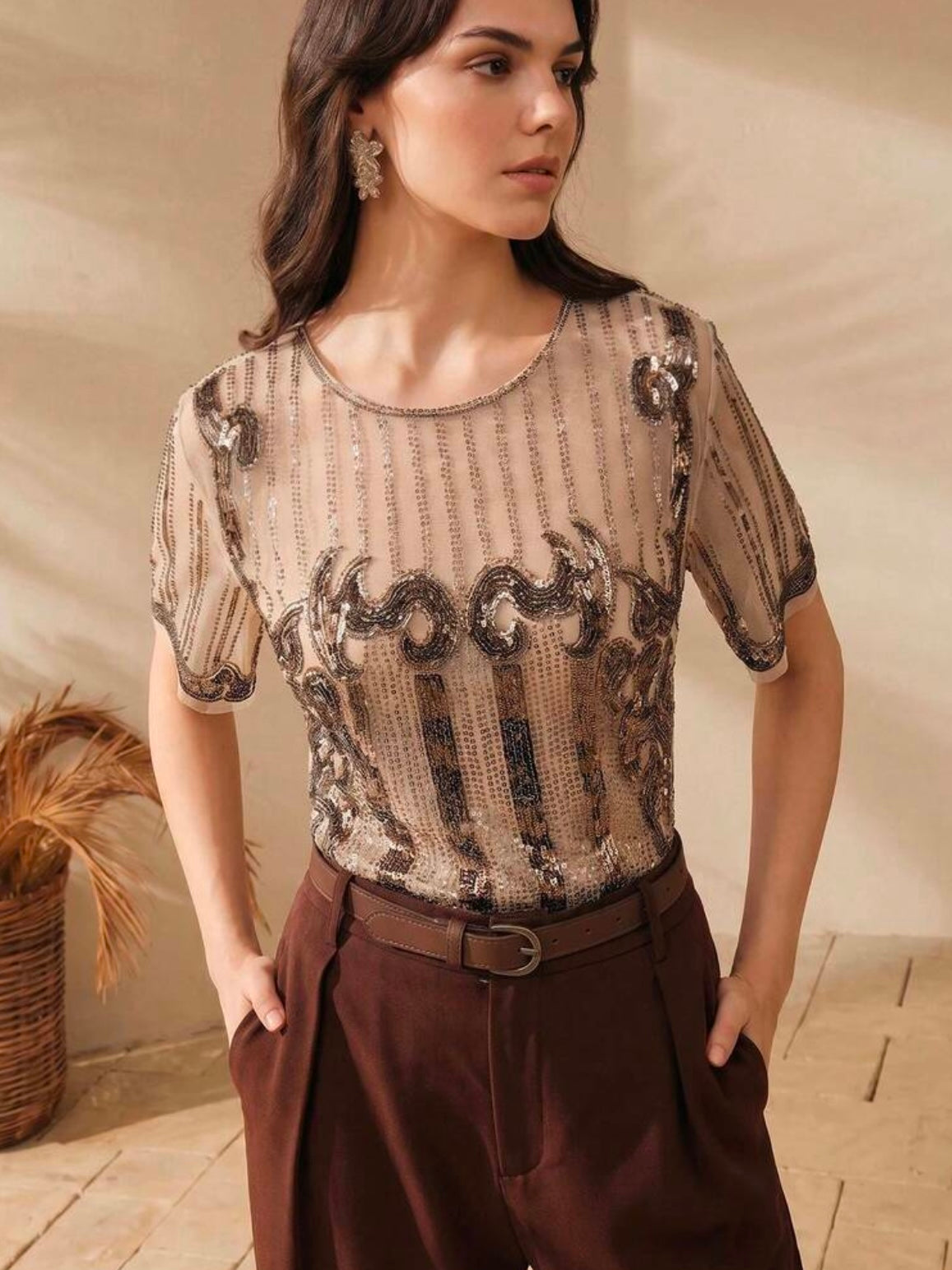 CM-TS017299 Women Elegant Seoul Style Round Neck Short Sleeve Contrast Sequin Patchwork Top - Apricot